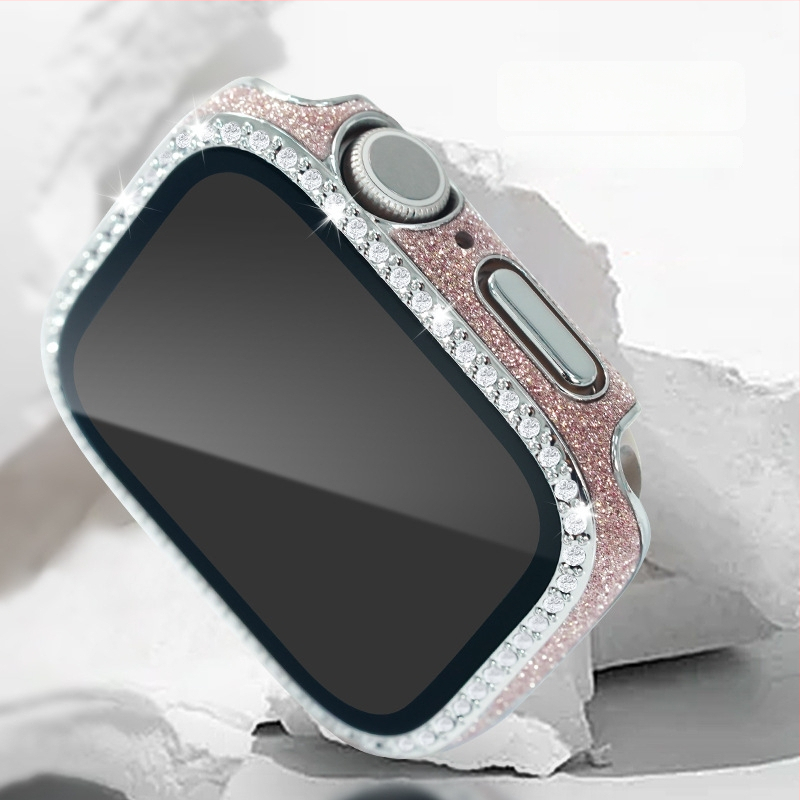 Apple Watch apsauginė dėklas iš PC ir odos, grūdinto stiklo plėvelė ekranui, vienos eilės deimantai, suderinamas su Apple Watch serijomis 4–9 ir SE