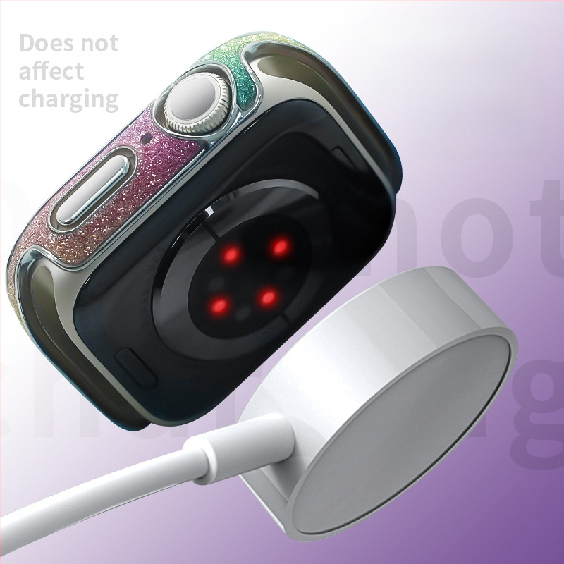 Apple Watch apsauginė dėklas iš PC ir odos, grūdinto stiklo plėvelė ekranui, vienos eilės deimantai, suderinamas su Apple Watch serijomis 4–9 ir SE