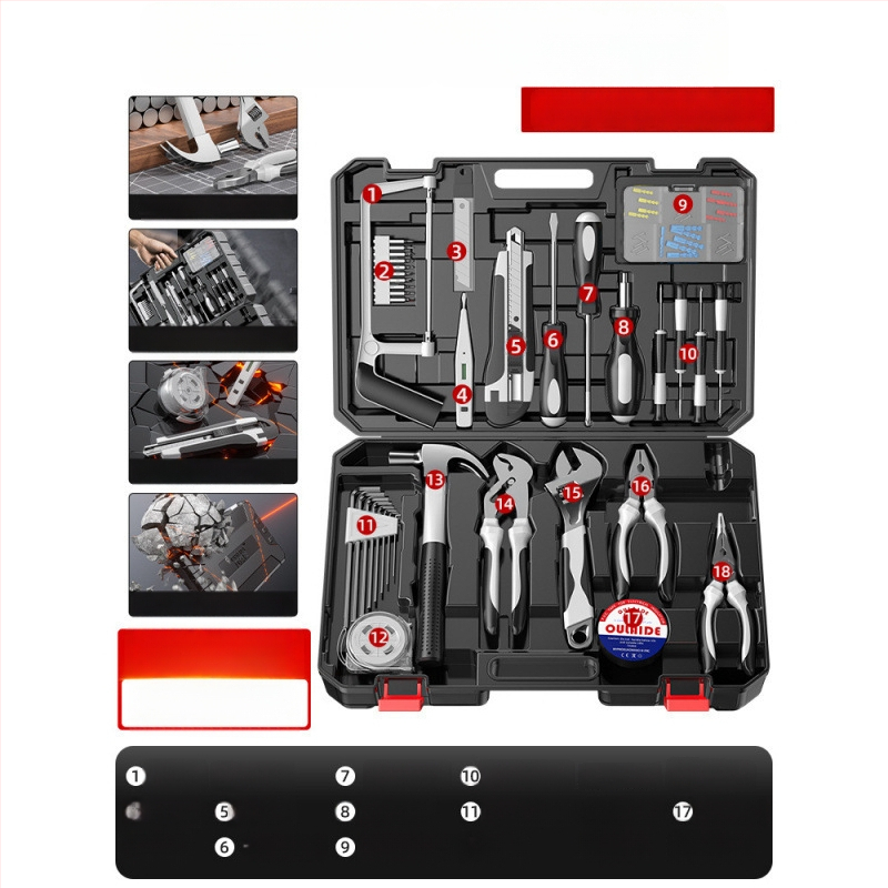 Családi javító szerszámkészlet autóba szerelhető szerszámos ládával, szénacélból, 81-100 darab