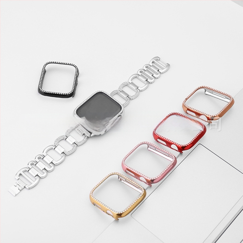 Защитен калъф за Apple Watch от PC, едноредово диамантено инкрустиране и електроплатен финиш, съвместим със серия 8/7/SE