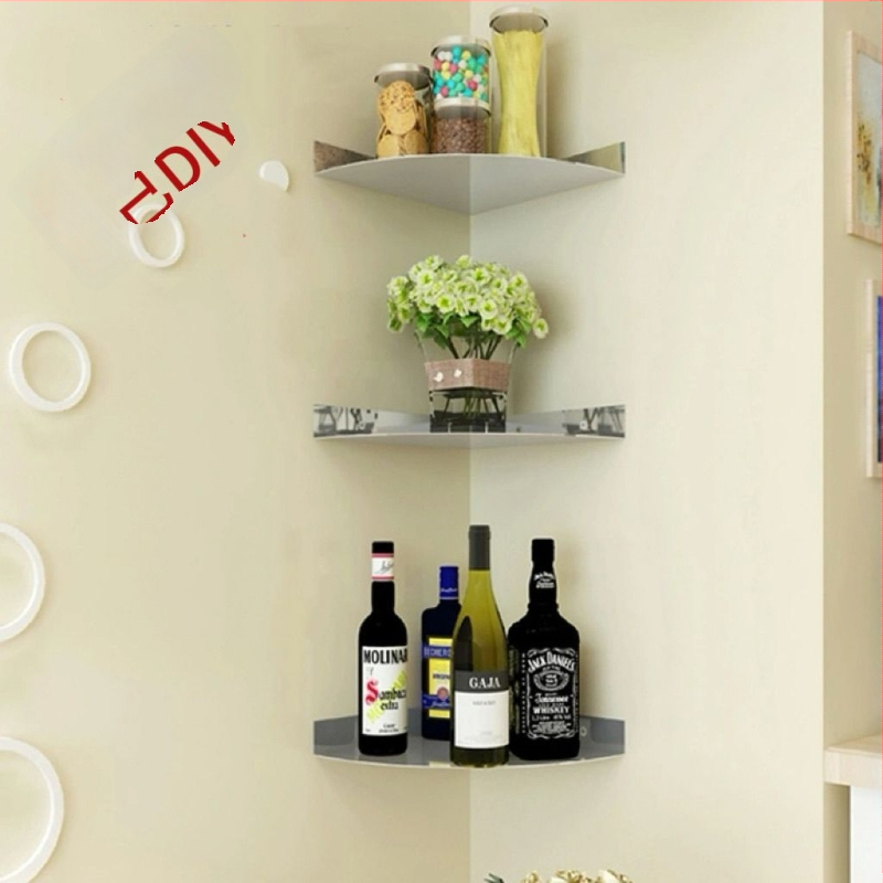 Raft de depozitare triunghiular din oțel inoxidabil, cu un singur etaj, pentru bucătărie și baie — montaj fără găuri, sarcină 10–20 kg