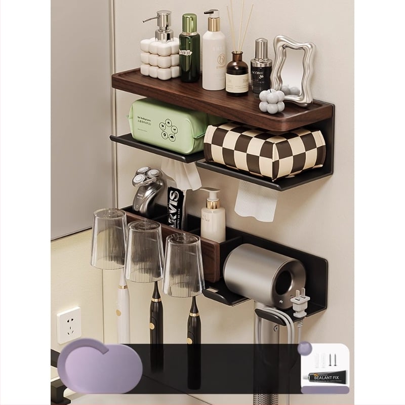 Raft de baie pe perete pentru periuțe de dinți și uscător de păr, 2 niveluri, finisaj polizat, aluminiu și lemn, capacitate de încărcare peste 50 kg