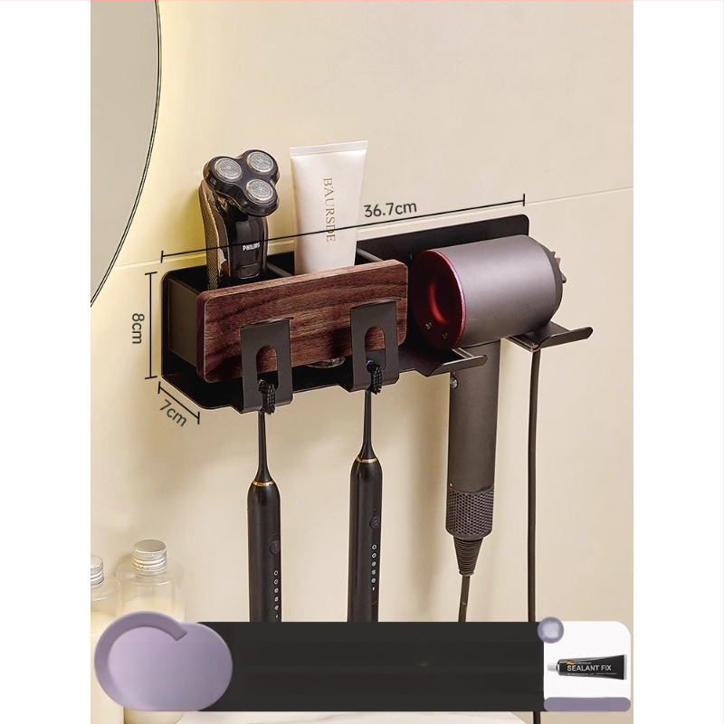 Raft de baie pe perete pentru periuțe de dinți și uscător de păr, 2 niveluri, finisaj polizat, aluminiu și lemn, capacitate de încărcare peste 50 kg