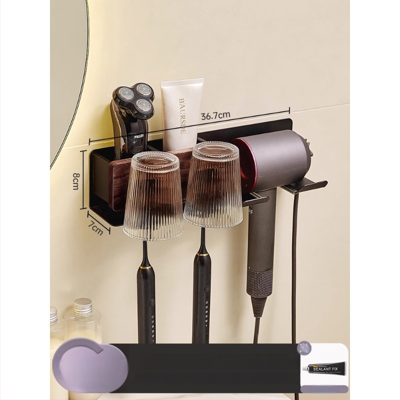 Raft de baie pe perete pentru periuțe de dinți și uscător de păr, 2 niveluri, finisaj polizat, aluminiu și lemn, capacitate de încărcare peste 50 kg