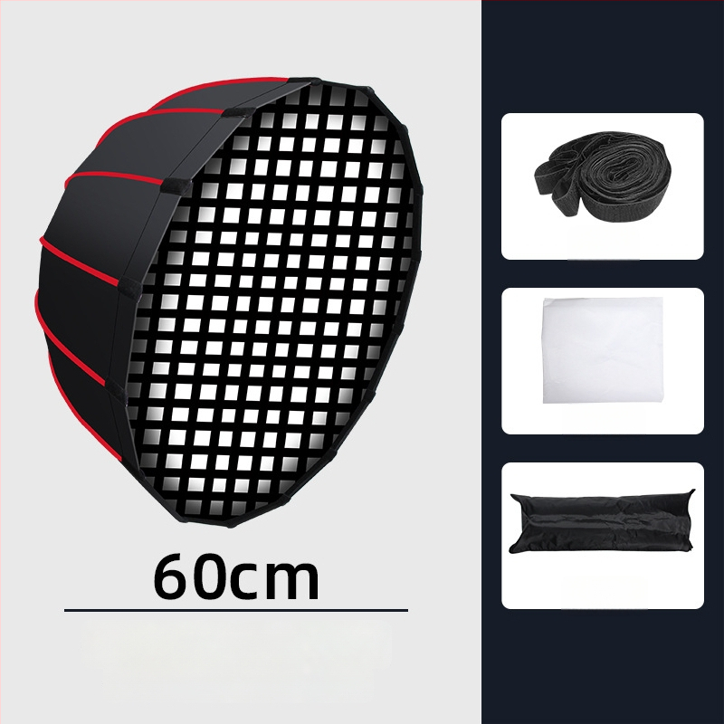 Gilus parabolinis softboxas su grotelėmis profesionaliai fotografijai – metalinis rėmas, atspindinti audinys, poliesteris