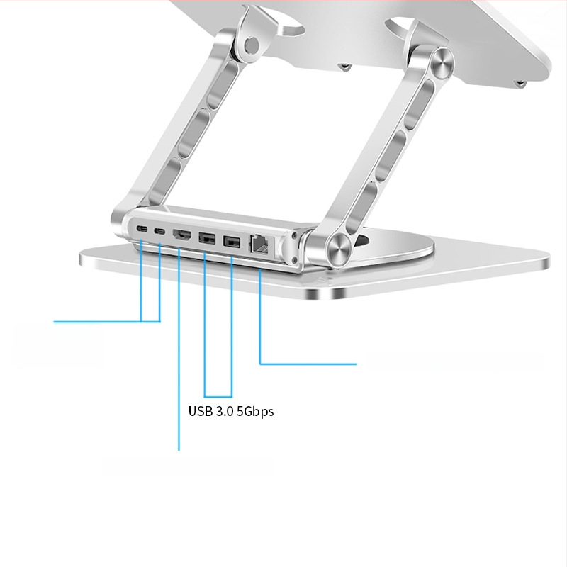 Alumīnija sakausējuma klēpjdatora statīvs, 360° rotācija, saliekams, magnētisks tālruņa turētājs un HUB
