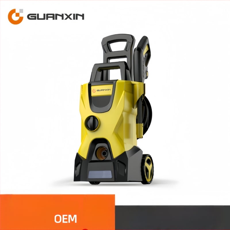 Вертикална 220V автомобилна водоструйка с 1800W, PP корпус, AC мотор, макс. налягане 65 bar, дебит 4-8 л/мин, с четка за промиване