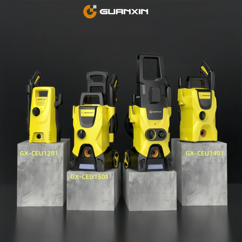 Вертикална 220V автомобилна водоструйка с 1800W, PP корпус, AC мотор, макс. налягане 65 bar, дебит 4-8 л/мин, с четка за промиване