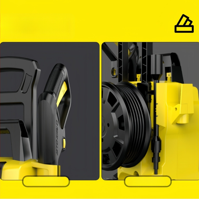 Вертикална 220V автомобилна водоструйка с 1800W, PP корпус, AC мотор, макс. налягане 65 bar, дебит 4-8 л/мин, с четка за промиване