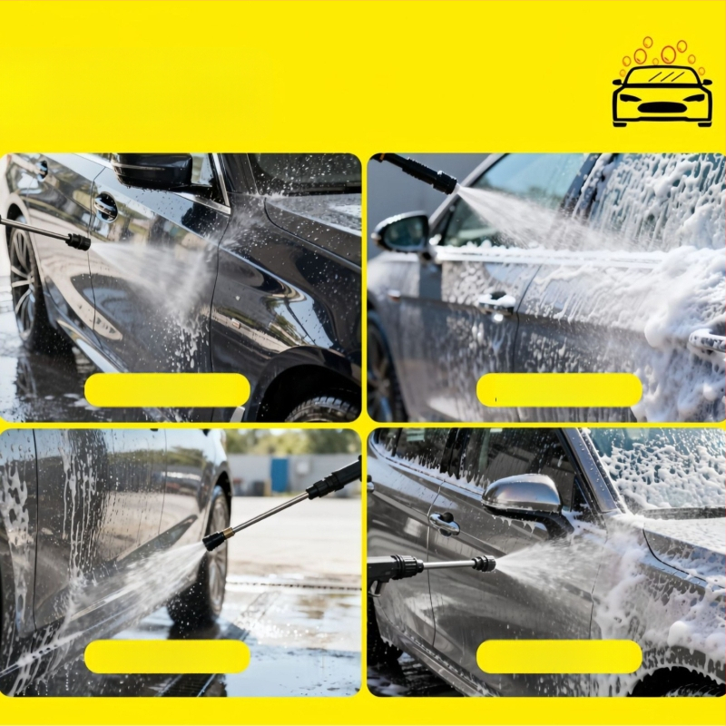 Вертикална 220V автомобилна водоструйка с 1800W, PP корпус, AC мотор, макс. налягане 65 bar, дебит 4-8 л/мин, с четка за промиване