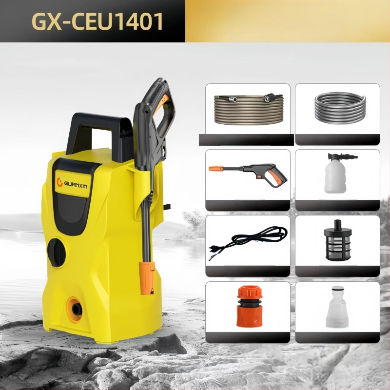 Вертикална 220V автомобилна водоструйка с 1800W, PP корпус, AC мотор, макс. налягане 65 bar, дебит 4-8 л/мин, с четка за промиване