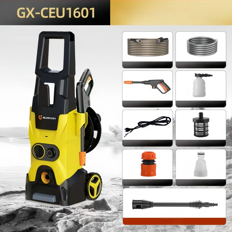 Вертикална 220V автомобилна водоструйка с 1800W, PP корпус, AC мотор, макс. налягане 65 bar, дебит 4-8 л/мин, с четка за промиване