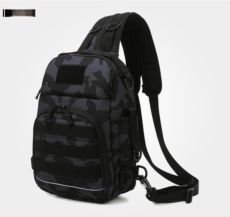 Rucsac outdoor multifuncțional pentru pescuit, design camuflaj tactic, purtare diagonală pe umăr, capacitate extensibilă, poliester, curea cu aer