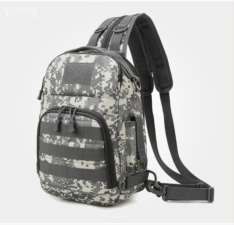 Rucsac outdoor multifuncțional pentru pescuit, design camuflaj tactic, purtare diagonală pe umăr, capacitate extensibilă, poliester, curea cu aer