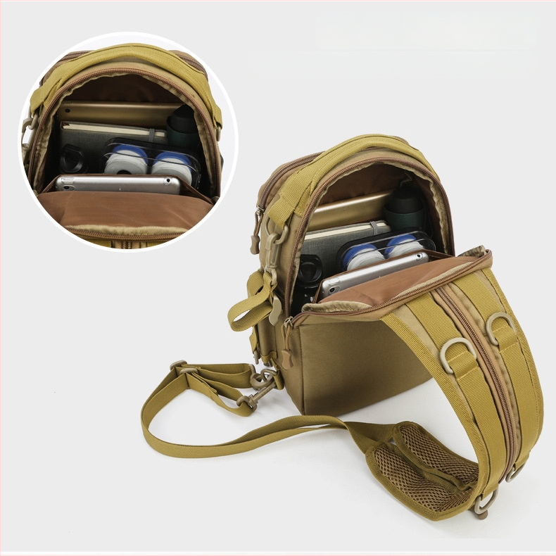 Rucsac outdoor multifuncțional pentru pescuit, design camuflaj tactic, purtare diagonală pe umăr, capacitate extensibilă, poliester, curea cu aer