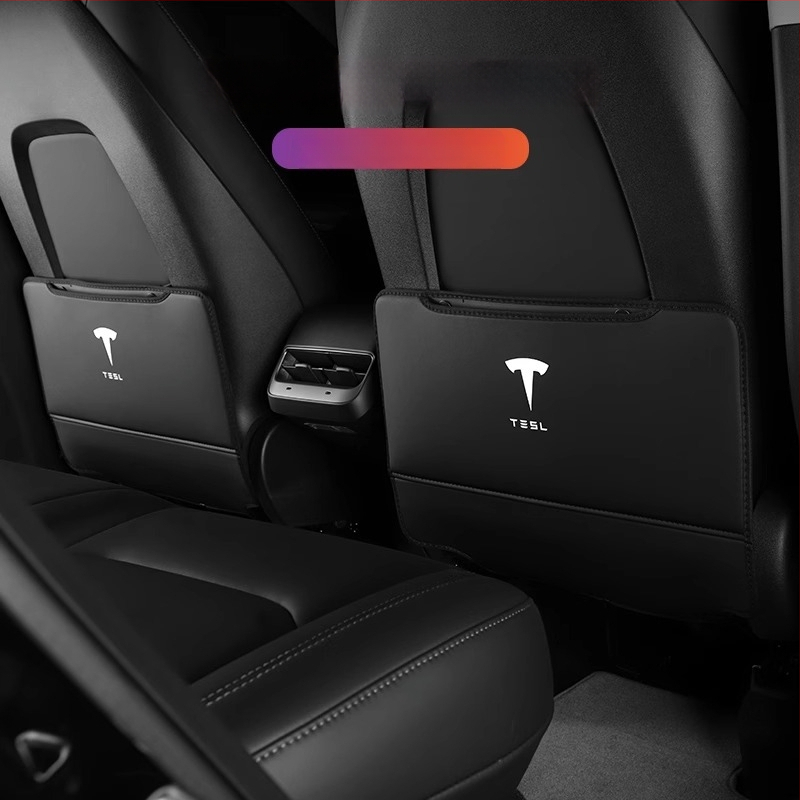 PU aizsargplāksne aizmugures atzveltnei Tesla Model Y3 – pilns pārklājums, kāju sitiena aizsardzība, izturīgs interjers, ar logotipu drukātu
