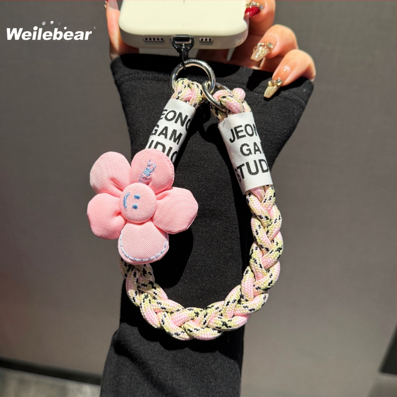 Mobilā telefona lanyards ar pletotu saulespuķes dizainu, anti-zudums ar dubulto pogu, plastmasas materiāls, sievietēm