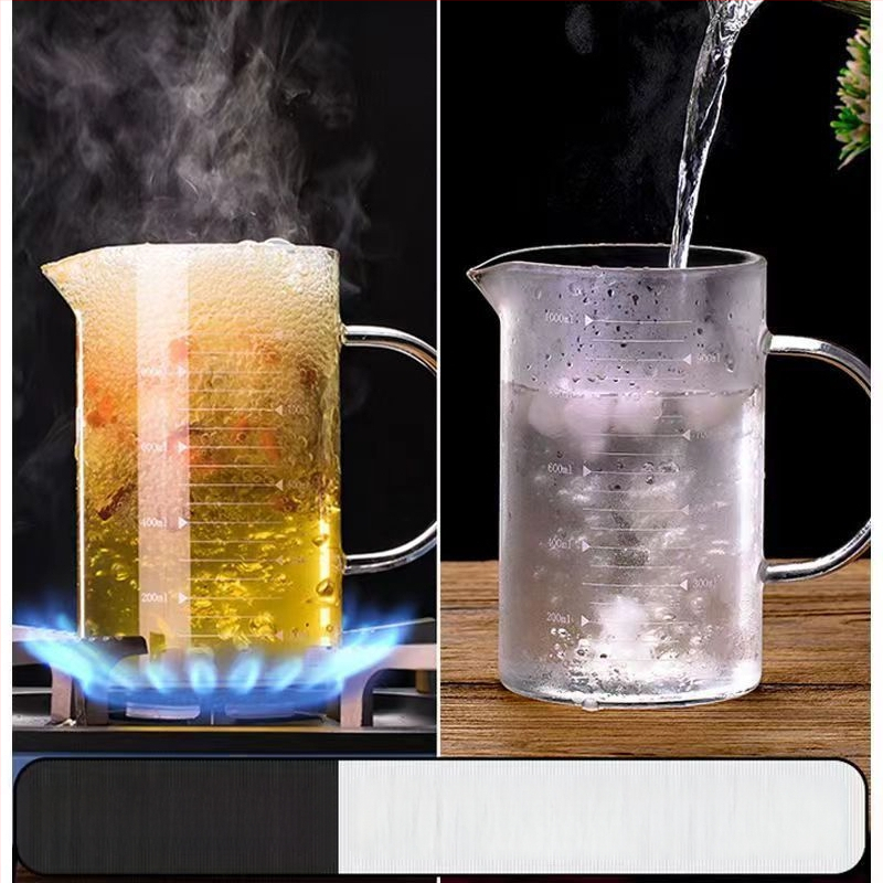 Hőálló üveg mérőedény skálával, fedéllel és fogantyúval