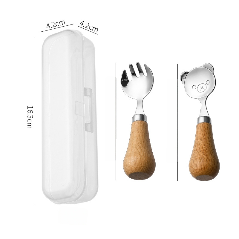Gyerekeknek készült evőeszköz készlet fa fogantyúval, 304 rozsdamentes acélból, hordozható dobozban, kézműves