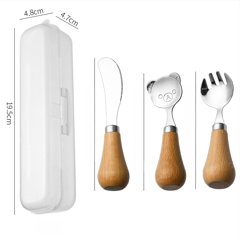 Gyerekeknek készült evőeszköz készlet fa fogantyúval, 304 rozsdamentes acélból, hordozható dobozban, kézműves