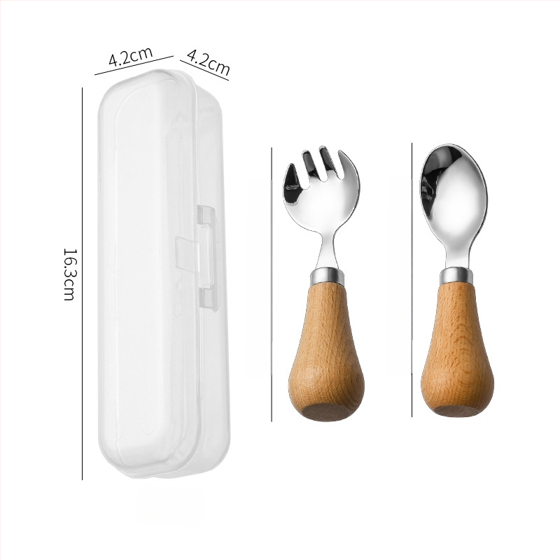 Gyerekeknek készült evőeszköz készlet fa fogantyúval, 304 rozsdamentes acélból, hordozható dobozban, kézműves