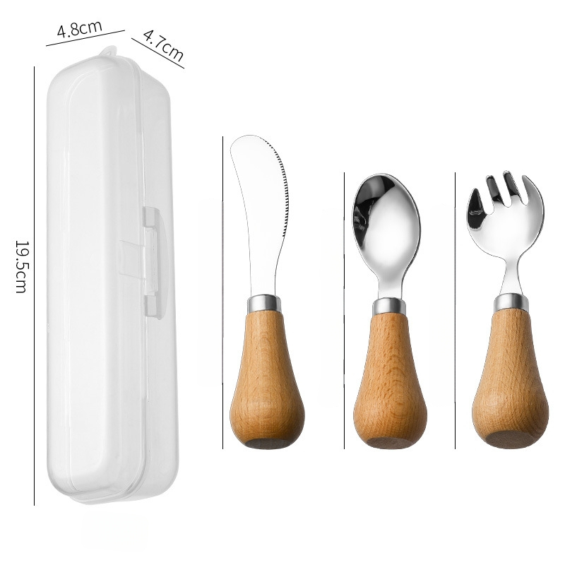Gyerekeknek készült evőeszköz készlet fa fogantyúval, 304 rozsdamentes acélból, hordozható dobozban, kézműves