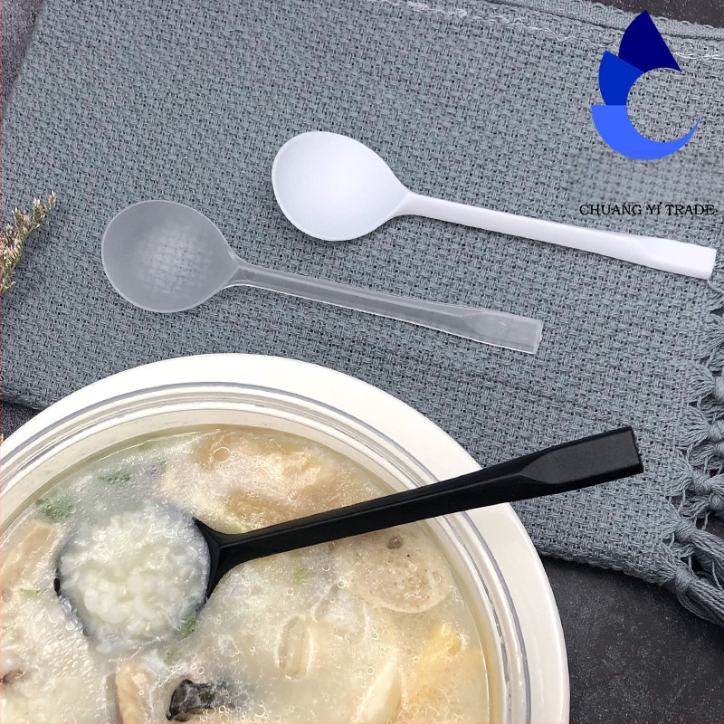 Vienkartinis plastikinis desertinis šaukštas su ilga rankena, stora didelė apvali galvutė, atskirai supakuotas