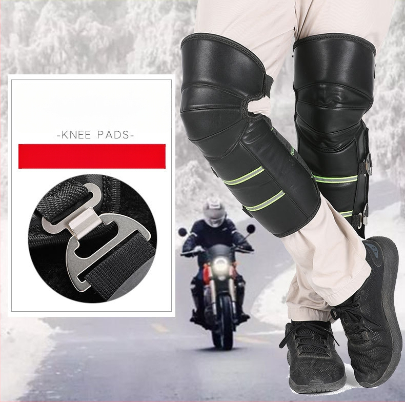 Ādas ceļgalu sargi ar vilnas oderi, biežas, vēja izturīgas un aukstumizturīgas, piemērotas motocikla un elektriskā velosipēda braukšanai (pieaugušie, vīrieši un sievietes)