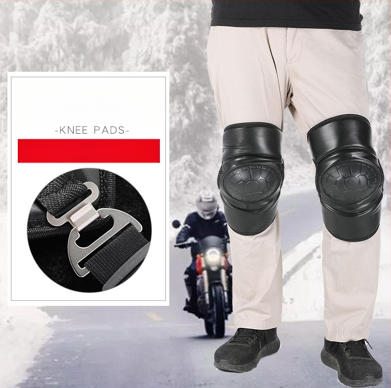 Ādas ceļgalu sargi ar vilnas oderi, biežas, vēja izturīgas un aukstumizturīgas, piemērotas motocikla un elektriskā velosipēda braukšanai (pieaugušie, vīrieši un sievietes)