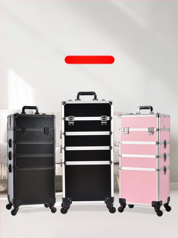 Козметичен кейс с колела, голям капацитет, ABS материал, издърпваща дръжка, заключване с катинар, четири слоя