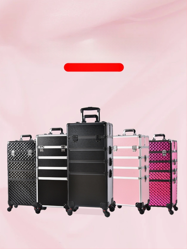 Козметичен кейс с колела, голям капацитет, ABS материал, издърпваща дръжка, заключване с катинар, четири слоя