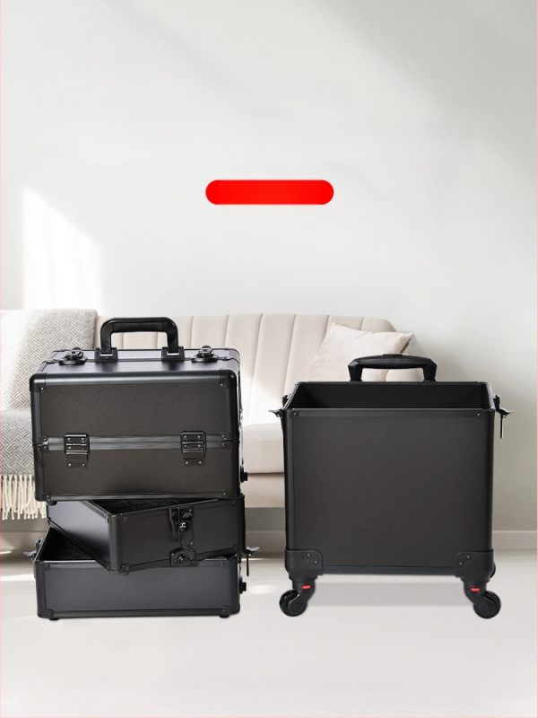 Козметичен кейс с колела, голям капацитет, ABS материал, издърпваща дръжка, заключване с катинар, четири слоя