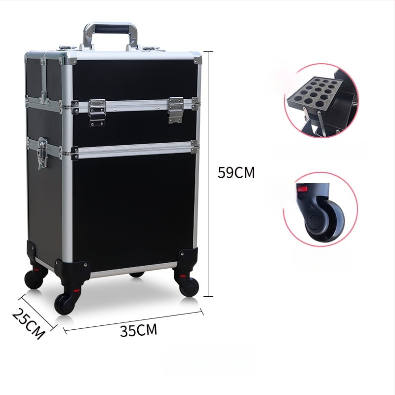 Козметичен кейс с колела, голям капацитет, ABS материал, издърпваща дръжка, заключване с катинар, четири слоя