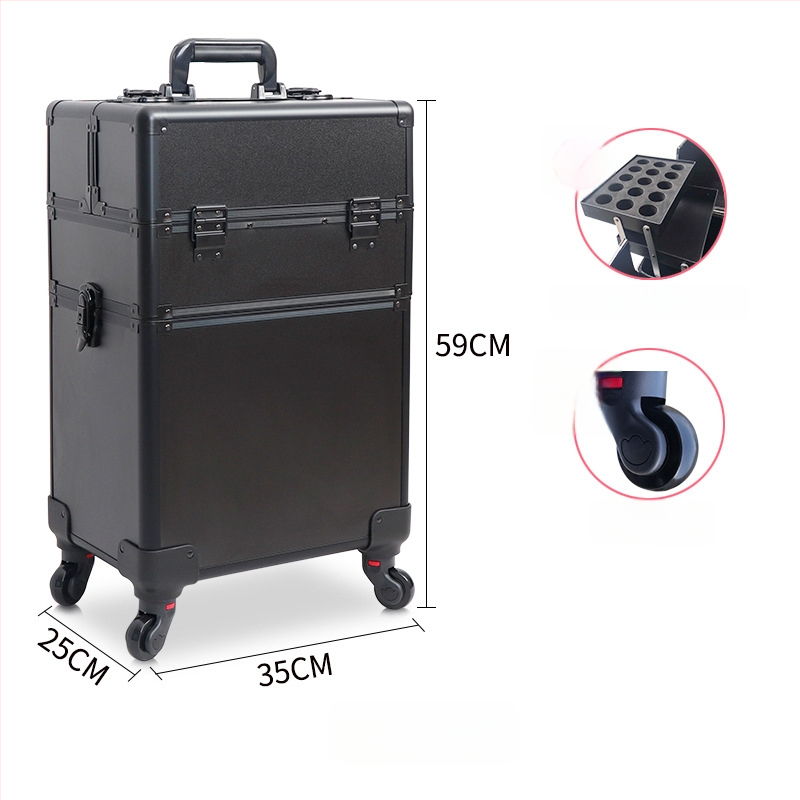 Козметичен кейс с колела, голям капацитет, ABS материал, издърпваща дръжка, заключване с катинар, четири слоя