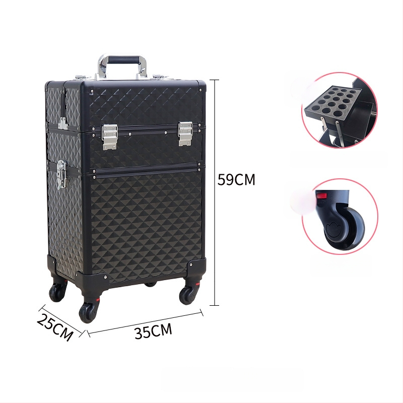 Козметичен кейс с колела, голям капацитет, ABS материал, издърпваща дръжка, заключване с катинар, четири слоя