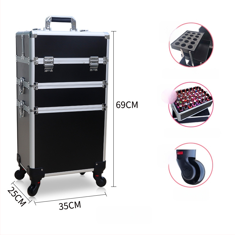 Козметичен кейс с колела, голям капацитет, ABS материал, издърпваща дръжка, заключване с катинар, четири слоя
