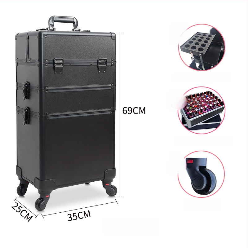 Козметичен кейс с колела, голям капацитет, ABS материал, издърпваща дръжка, заключване с катинар, четири слоя