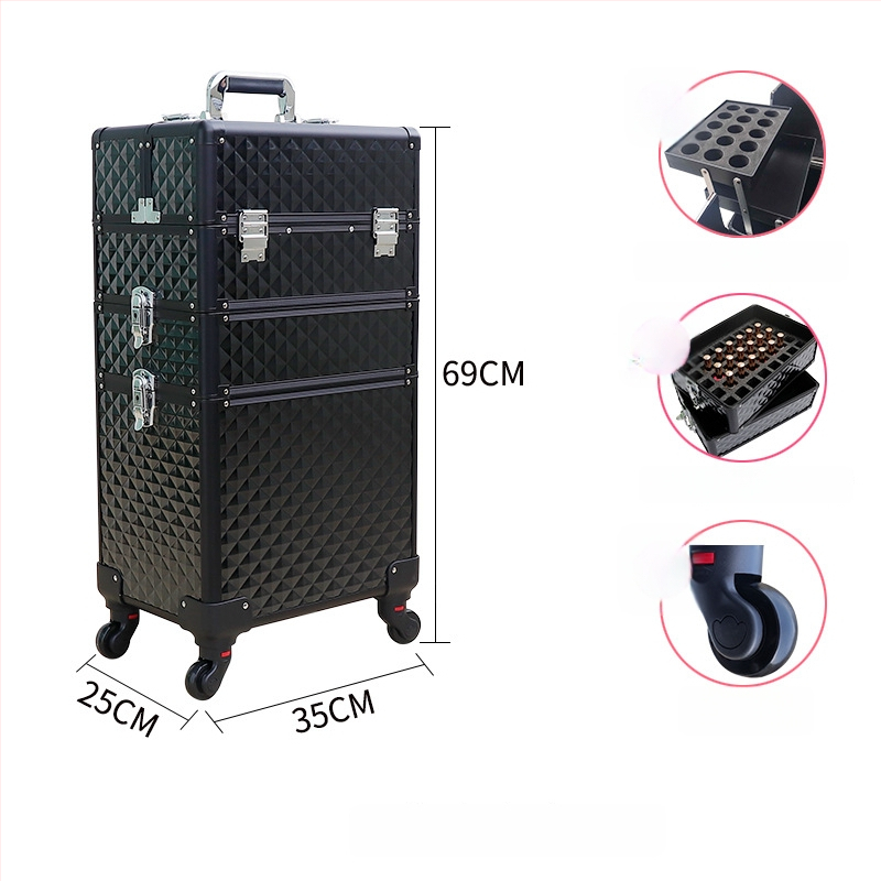 Козметичен кейс с колела, голям капацитет, ABS материал, издърпваща дръжка, заключване с катинар, четири слоя
