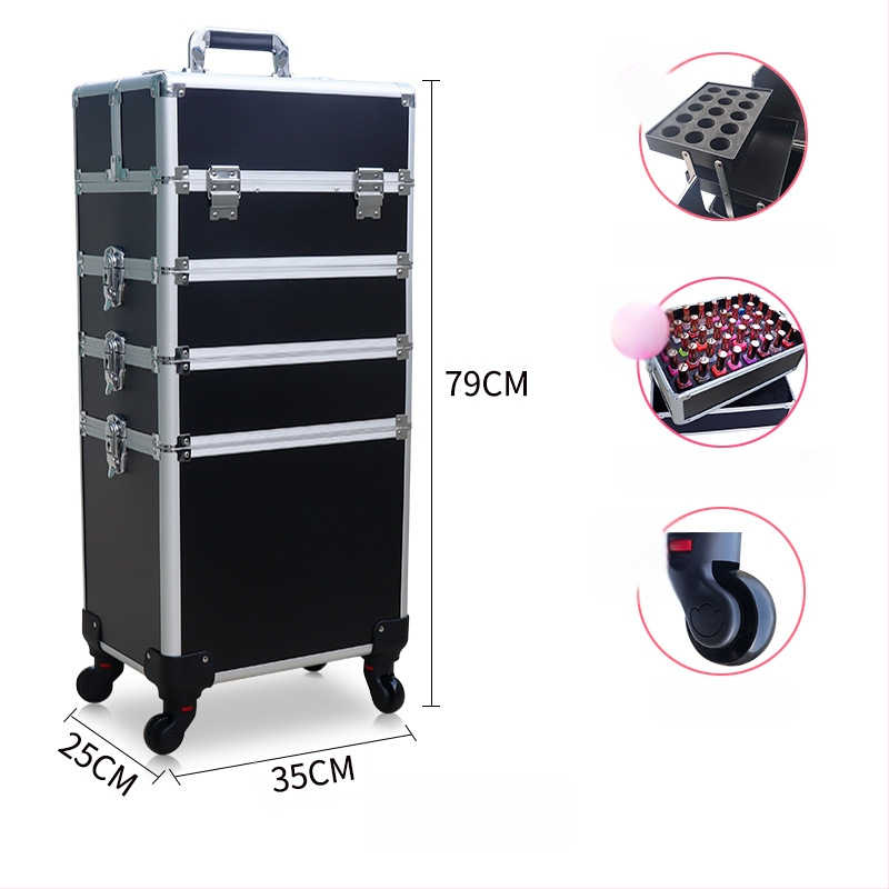 Козметичен кейс с колела, голям капацитет, ABS материал, издърпваща дръжка, заключване с катинар, четири слоя