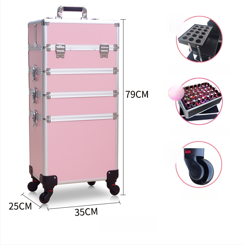 Козметичен кейс с колела, голям капацитет, ABS материал, издърпваща дръжка, заключване с катинар, четири слоя