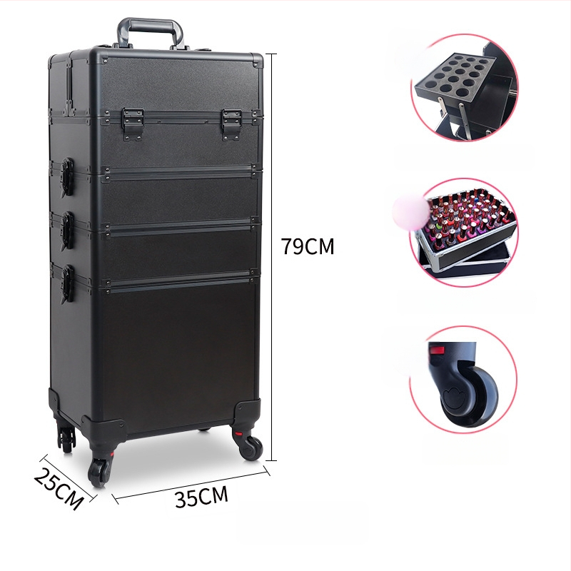 Козметичен кейс с колела, голям капацитет, ABS материал, издърпваща дръжка, заключване с катинар, четири слоя