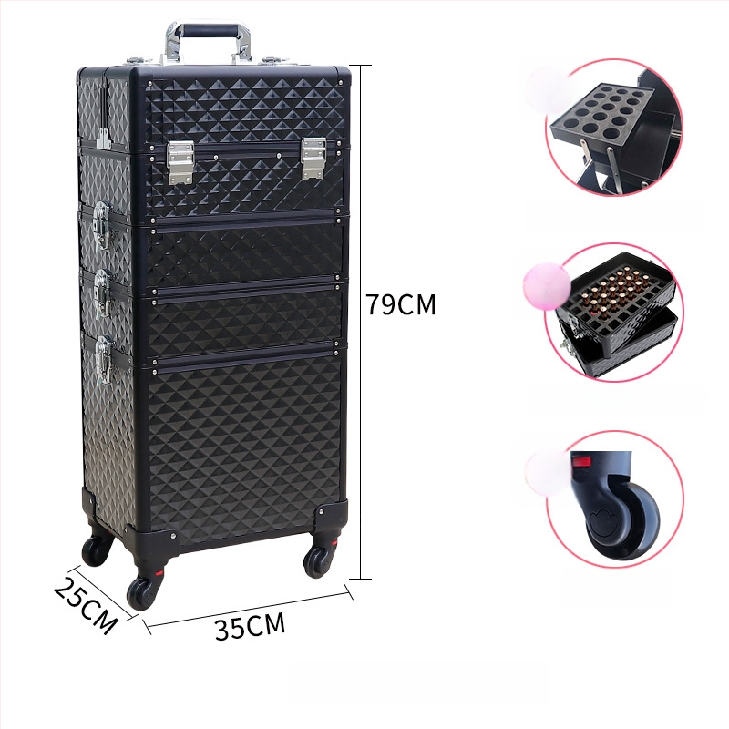 Козметичен кейс с колела, голям капацитет, ABS материал, издърпваща дръжка, заключване с катинар, четири слоя