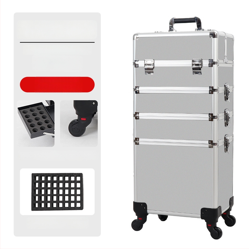 Козметичен кейс с колела, голям капацитет, ABS материал, издърпваща дръжка, заключване с катинар, четири слоя