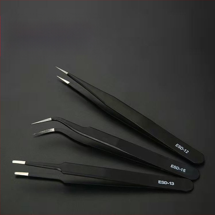 Антистатични пинсети от неръждаема стомана, прецизен извивен връх, връх от високо въглеродна стомана за заваряване на електронни компоненти