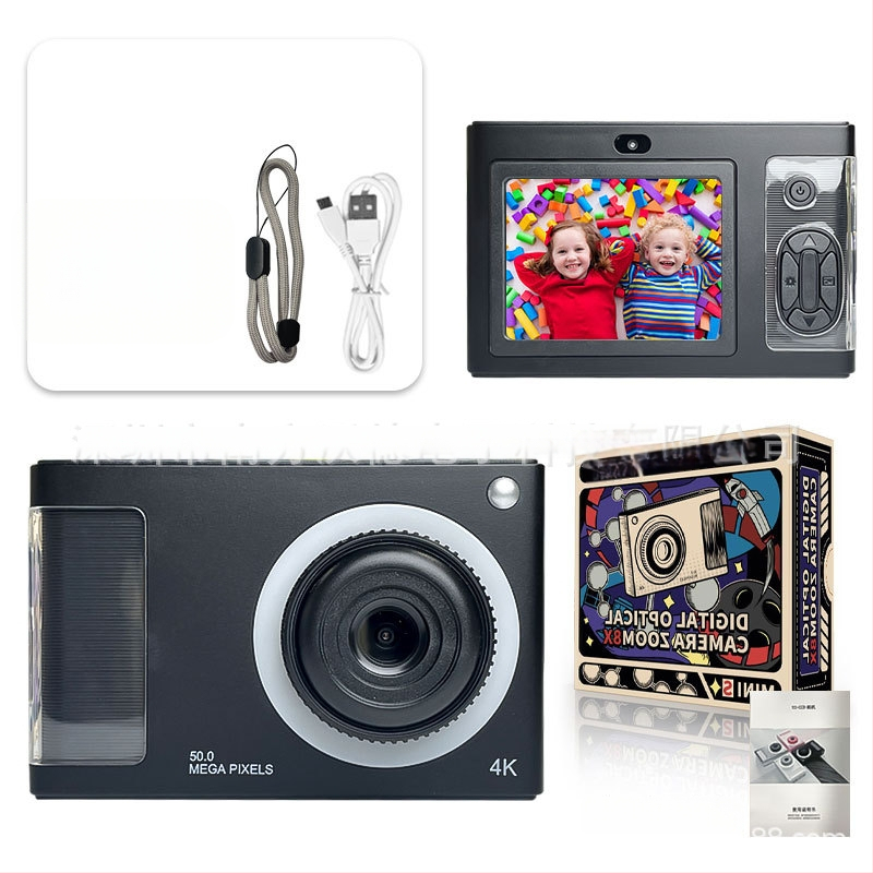 4K vaikų kamera su priekinėmis ir galinėmis dviejų kamerų funkcijomis, 24 MP CMOS jutiklis, 4x optinis priartinimas, 2,4 colių LCD ekranas