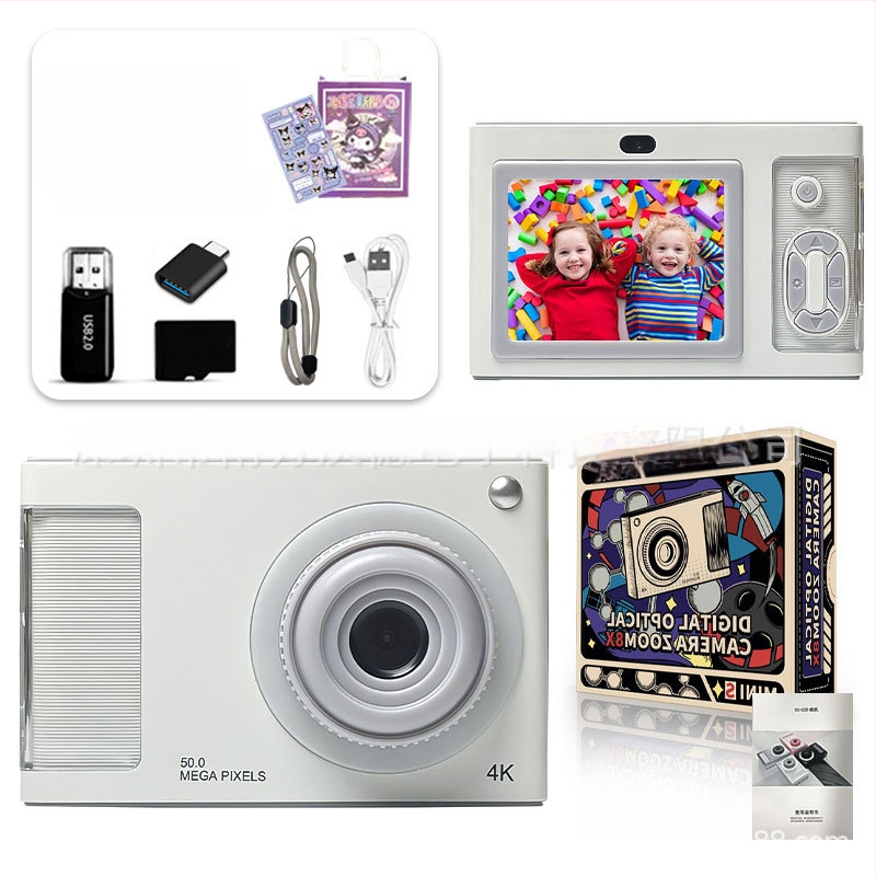 4K vaikų kamera su priekinėmis ir galinėmis dviejų kamerų funkcijomis, 24 MP CMOS jutiklis, 4x optinis priartinimas, 2,4 colių LCD ekranas