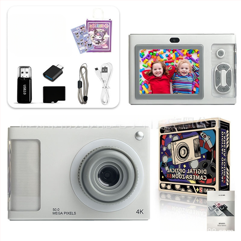 4K vaikų kamera su priekinėmis ir galinėmis dviejų kamerų funkcijomis, 24 MP CMOS jutiklis, 4x optinis priartinimas, 2,4 colių LCD ekranas