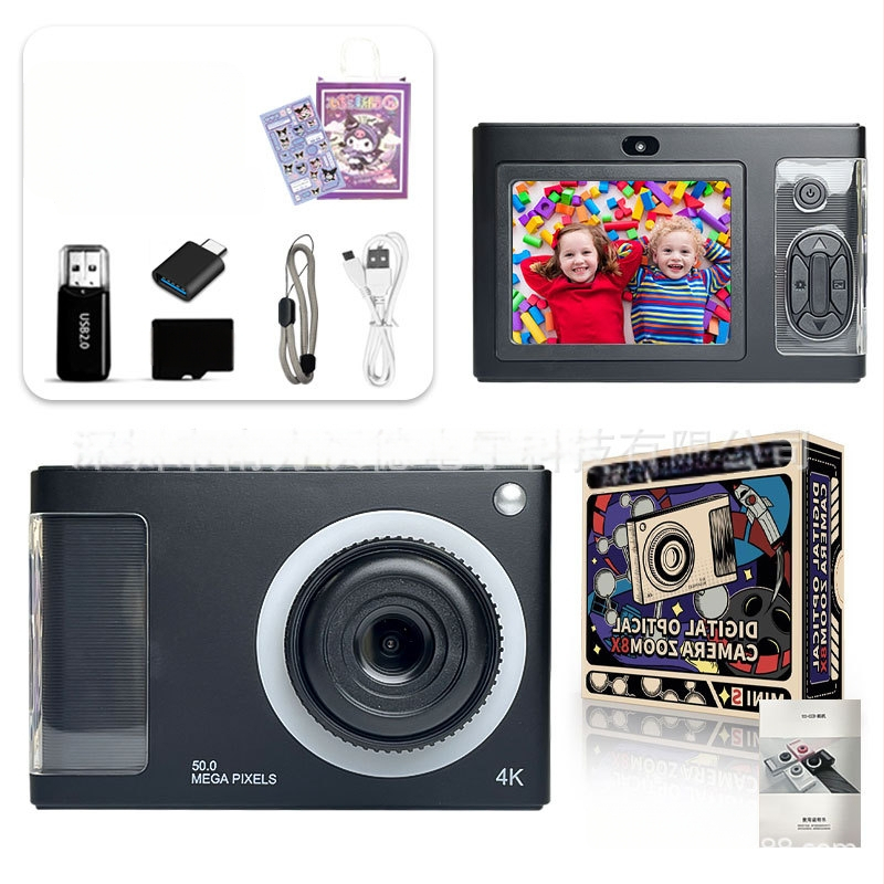 4K vaikų kamera su priekinėmis ir galinėmis dviejų kamerų funkcijomis, 24 MP CMOS jutiklis, 4x optinis priartinimas, 2,4 colių LCD ekranas