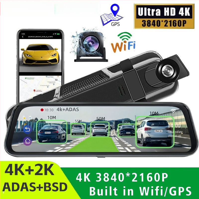 ADAS automobilių veidrodinis vaizdo registratorius su dviejų objektyvų sistema, Wi‑Fi, 1080p, 170° matomumo kampas