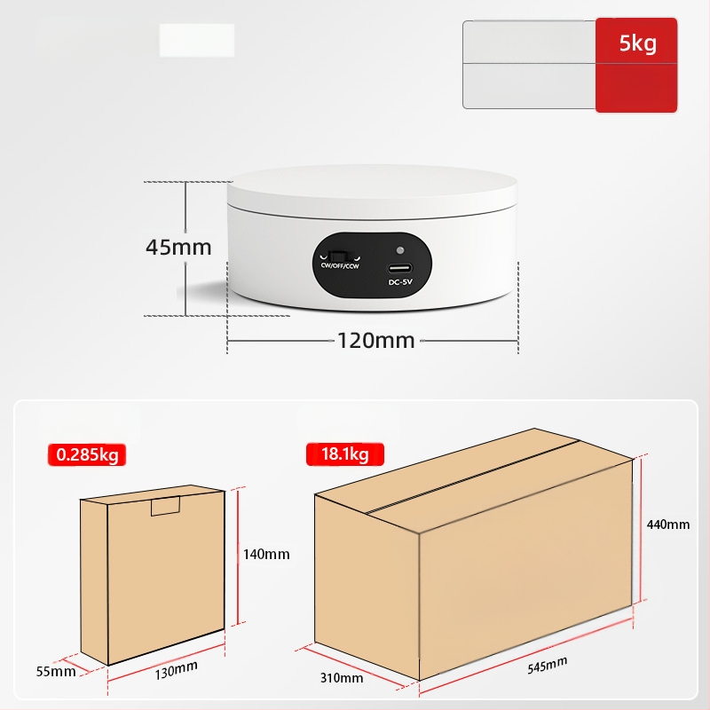 Turntable king elektrinis besisukantis fotografinis staliukas ND120 – plastmasinis korpusas, apkrova 2–5 kg, tinkamas vaizdo įrašams ir ekspozicijoms